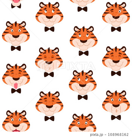 Colorful tiger seamless pattern. Cute cartoon striped animal character head in bow tie for kids decoration design. Beautiful wrapping paper fabric background repeat tile. Creative vector illustration. Colorful tiger seamless pattern. Cute cartoon striped animal character head in bow tie for kids decoration design. Beautiful wrapping paper fabric background repeat tile. Creative vector illustration. 108968162