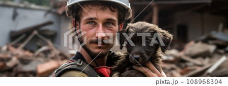 A rescuer holds a puppy A rescuer holds a puppy 108968304