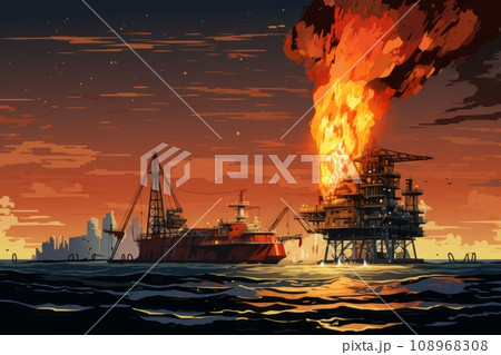 Fire on an oil rig in the sea or ocean Fire on an oil rig in the sea or ocean 108968308