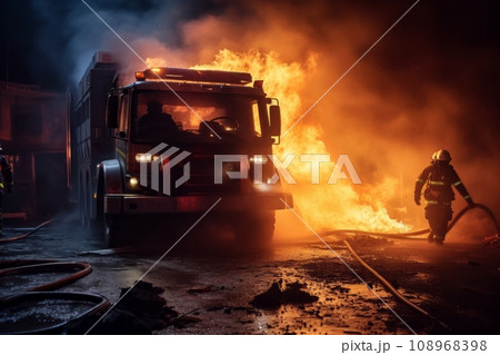 Firefighters next to a fire truck extinguishing a fire Firefighters next to a fire truck extinguishing a fire 108968398