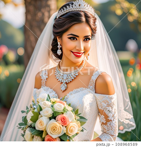 Beautiful dark-skinned dark-haired bride with tiara.  108968589