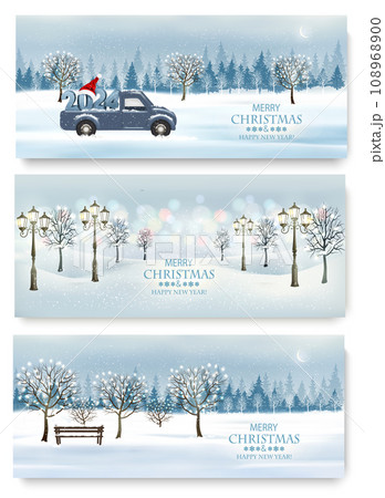 Merry Christmas and New Year Holiday banners  with evening landscape and trees with garland, evening landscape and blue car with 2024 numbers. Vector 108968900