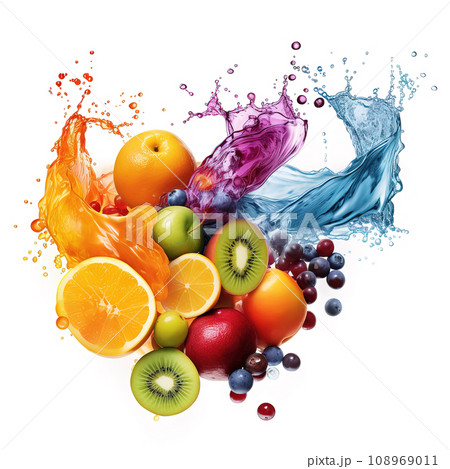 Vivid Fruit Ensemble with Splashing Water and Juice Streams. AI generation 108969011
