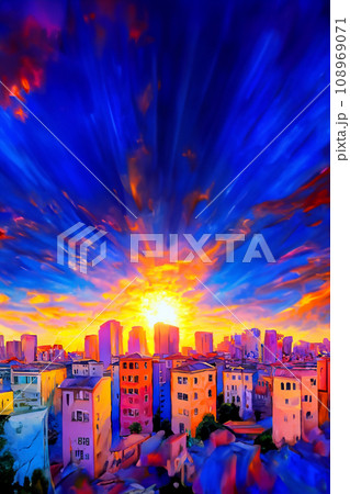 夕焼けの遠景のビル街と近景のマンションのイラスト 108969071