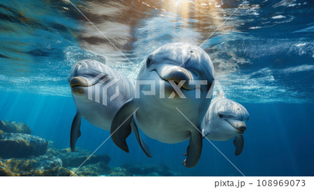 Group of happy smiling dolphins swim underwater in sea, ocean under water life. Theme of wildlife, wild animal, travel, nature 108969073