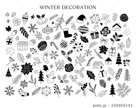 冬の植物とクリスマスの線画イラストセット 108969103