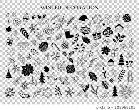 冬の植物とクリスマスの線画イラストセット 108969103