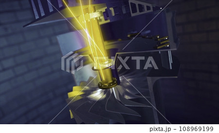 Abstract animation of golden neon lights going through the mechanism. Industry and manufacturing. Abstract animation of golden neon lights going through the mechanism. Industry and manufacturing. 108969199