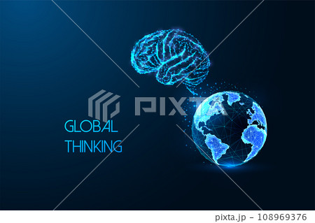Global thinking, artificial intelligence development futuristic concept with brain and Earth globe  108969376