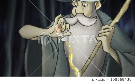 Abstract animation of an old wizard making a potion above boiling pot, adding strange ingredient and getting a bright beam of light. Stock footage. Magic and ritual concept. 108969430