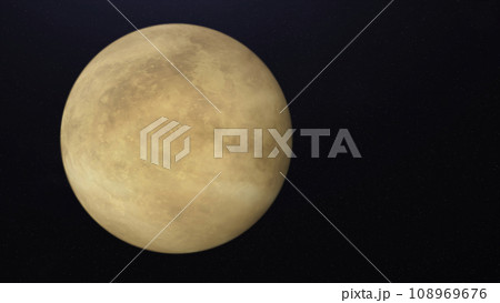 Abstract animation of unknown brown planet rotating in space with stars on the background in outer space. Animation. Full revolution of the planet around its axis. 108969676