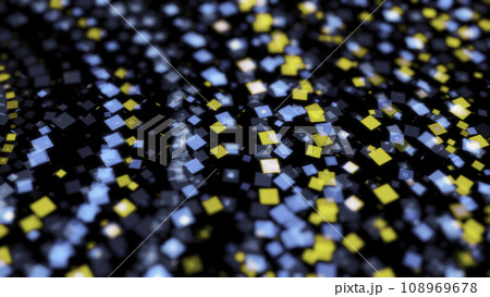 Abstract bright neon circles consisting of small multicolored geometric figures and moving chaotically in the dark. Animation. Disco dancing and electronic music background 108969678
