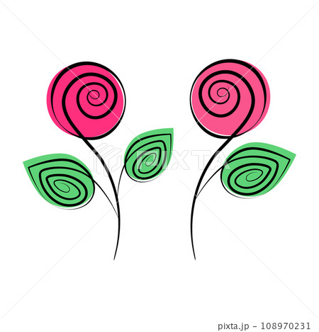 Set of 2 abstract stylized ornamental roses in trendy marker shades. Line Art concept for greetings 108970231