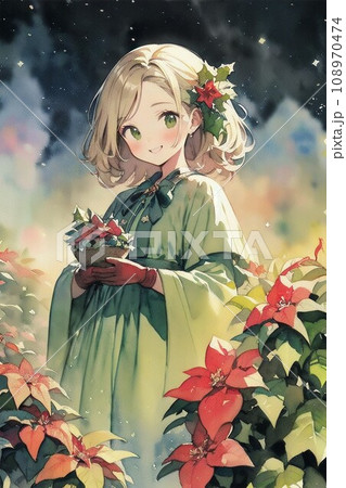 ポインセチアとローブの女の子 ポインセチアとローブの女の子 108970474