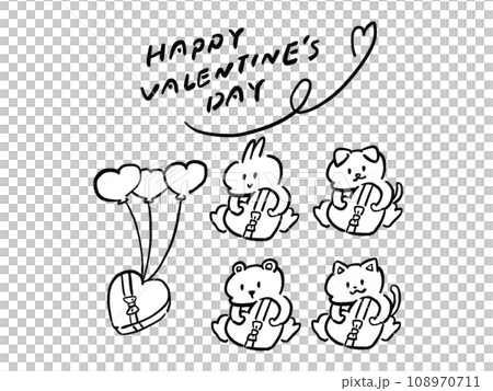 變形的插圖集動物和氣球，拿著心形禮物盒，線條畫，單色 108970711