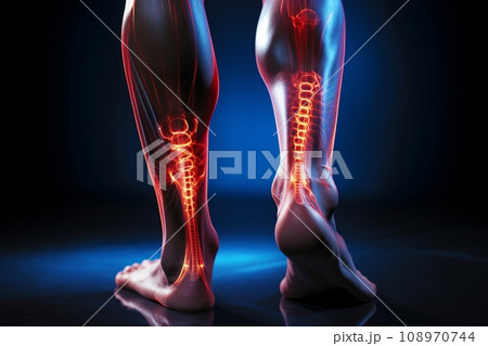 Human foot ankle and leg in x-ray, leg and foot pain, human skeleton, bone, joint scan, 3D rendering of medical screen, human anatomy, body, x-ray scan 108970744