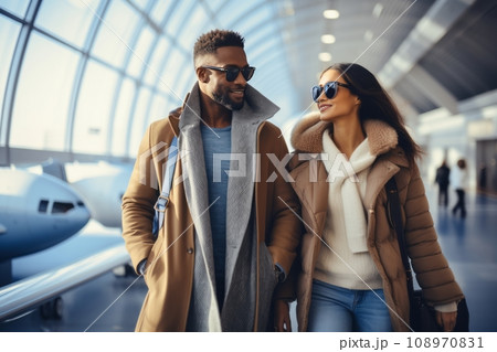 Waiting for the flight. Happy black couple having fun together in the terminal before boarding their flight. 108970831
