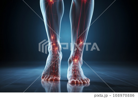 Human foot ankle and leg in x-ray, leg and foot pain, human skeleton, bone, joint scan, 3D rendering of medical screen, human anatomy, body, x-ray scan 108970886