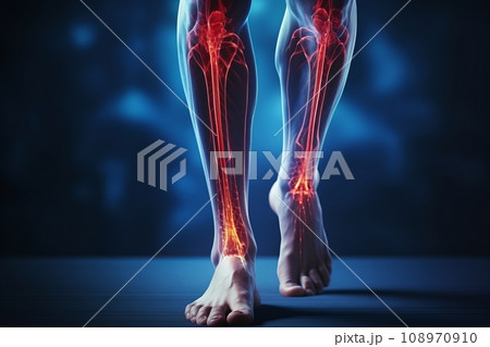 Human foot ankle and leg in x-ray, leg and foot pain, human skeleton, bone, joint scan, 3D rendering of medical screen, human anatomy, body, x-ray scan 108970910