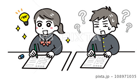 テストを受ける学力差のある中学生の男女(上半身) テストを受ける学力差のある中学生の男女(上半身) 108971035