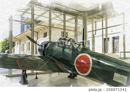 水彩画風　東京九段　靖国神社　遊就館　零式艦上戦闘機　東京都千代田区 108971341