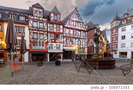 Facades of old traditional houses in the market square at dawn. Cochem. Germany. 108971383
