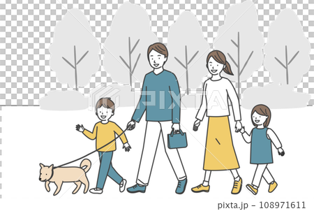 公園で犬の散歩をする若い4人家族 108971611