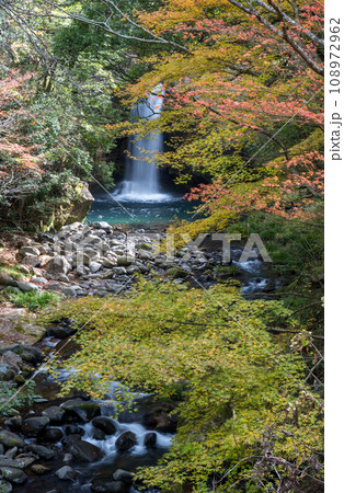 初秋に清流と紅葉に自然風景に癒される岳間渓谷の風景 108972962