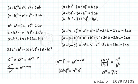 Algebraic identities expression formula doodle handwriting collection set vector illustration. Scientific education square formulas. Mathematics resources for teacher and student background 108973108