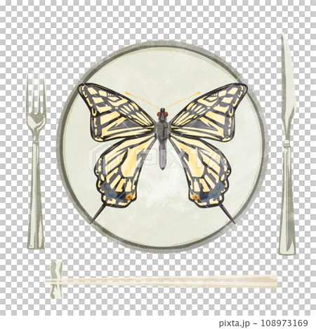 Hand-drawn watercolor style illustration of a swallowtail butterfly on a plate 108973169