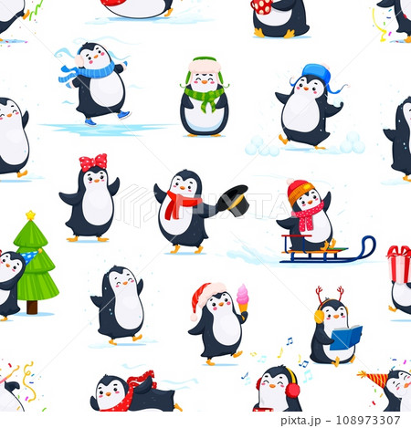 Cartoon cute funny penguin characters seamless pattern. Textile or Christmas wrapping paper vector backdrop with penguin happy personages reading book, dancing, listening music and playing snowballs Cartoon cute funny penguin characters seamless pattern. Textile or Christmas wrapping paper vector backdrop with penguin happy personages reading book, dancing, listening music and playing snowballs 108973307