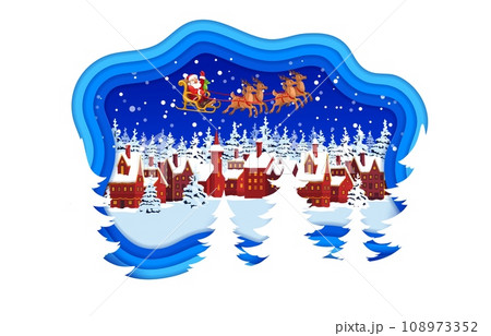 Christmas paper cut banner with Santa on sleigh and winter snowy town, vector cartoon papercut. Christmas winter holidays card with Santa and gifts bag on reindeer sleigh in paper cut layers Christmas paper cut banner with Santa on sleigh and winter snowy town, vector cartoon papercut. Christmas winter holidays card with Santa and gifts bag on reindeer sleigh in paper cut layers 108973352