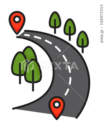 Color highway road line icon. Traffic route. Freeway, speedway or driveway linear vector sign, speed road outline symbol or pictogram with trees, road turn and navigation pins 108973353