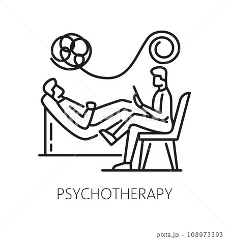 Psychotherapy, mental health icon. Human psychology, mental disorder problem and psychotherapy help thin line vector icon or pictogram with patient and doctor having conversation on therapy session Psychotherapy, mental health icon. Human psychology, mental disorder problem and psychotherapy help thin line vector icon or pictogram with patient and doctor having conversation on therapy session 108973393