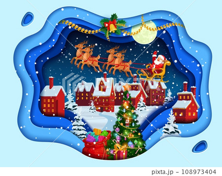 Christmas paper cut poster cartoon Santa on sleigh, winter town and holiday pine tree. Vector 3d papercut layered effect card with Father Noel rides deer sled in sky with snowflakes at xmas eve night Christmas paper cut poster cartoon Santa on sleigh, winter town and holiday pine tree. Vector 3d papercut layered effect card with Father Noel rides deer sled in sky with snowflakes at xmas eve night 108973404