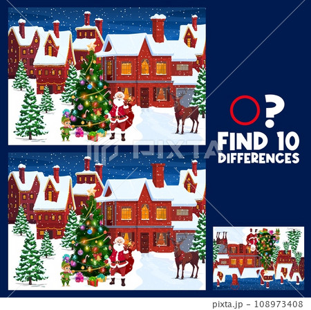 Christmas kids game find ten differences in winter town. Vector worksheet with cartoon Santa Claus and elf helper characters near decorated holiday pine tree in snowy countryside recreational riddle Christmas kids game find ten differences in winter town. Vector worksheet with cartoon Santa Claus and elf helper characters near decorated holiday pine tree in snowy countryside recreational riddle 108973408