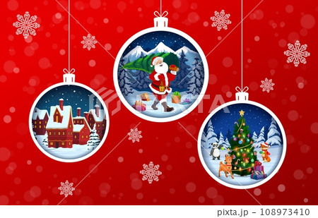 Christmas paper cut baubles with holiday characters Santa Claus carry tree, panda, deer and fox in forest and snowy town. Double exposition 3d vector effect frames in shape of hanging Xmas toys Christmas paper cut baubles with holiday characters Santa Claus carry tree, panda, deer and fox in forest and snowy town. Double exposition 3d vector effect frames in shape of hanging Xmas toys 108973410