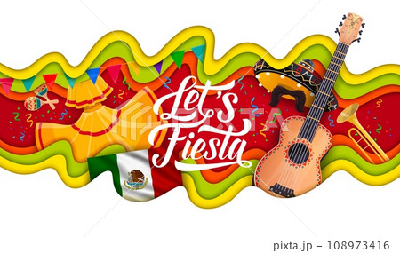Mexican fiesta party banner with paper cut waves and musical instruments. Cinco de Mayo ethnic party, fiesta papercut vector background with flamenco dancer dress, guitar, trumpet and sombrero, flag 108973416
