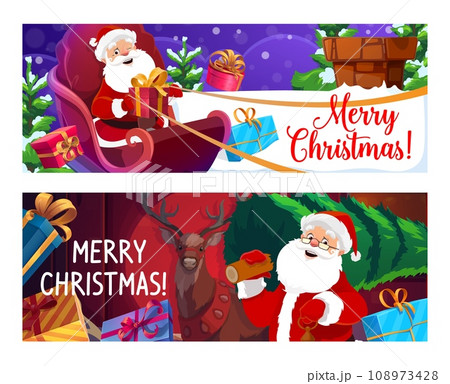 Christmas banners with Santa on sleigh, gifts and reindeer. Merry Xmas festive, winter season or New Year celebration vector horizontal banners with happy Santa Claus riding sledge and holiday gifts 108973428