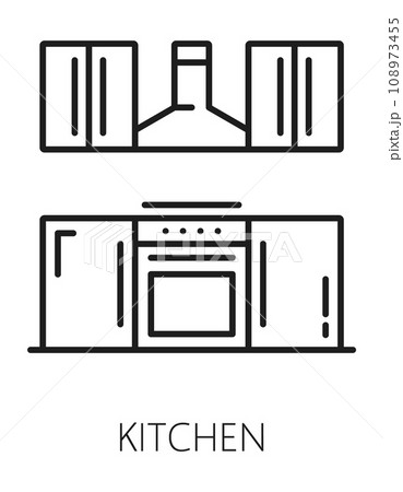 House kitchen real estate thine line icon. Apartment rent company thin line symbol, real estate property, loan service or house sale market line vector sign with kitchen drawers, stove and hood 108973455