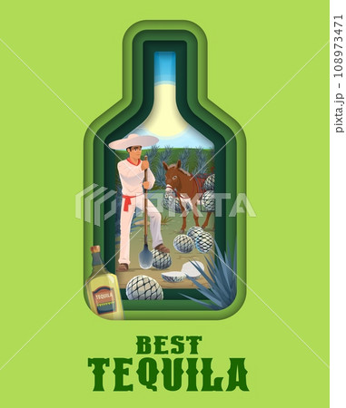Mexican jimador with blue agave. Tequila alcohol drink production paper cut poster of vector mexican man harvesting agave plants with coa in field, sombrero hat and donkey in 3d papercut bottle frame 108973471