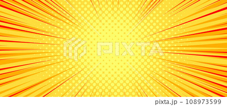 Yellow orange radial dotted comic background. Speed lines wallpaper with pop art halftone texture. Anime cartoon rays explosion backdrop for poster, banner, print, magazine, flyer. Vector illustration 108973599