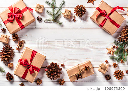 Christmas gift box and christmas decoration on wood background. Bokeh light. 108973800
