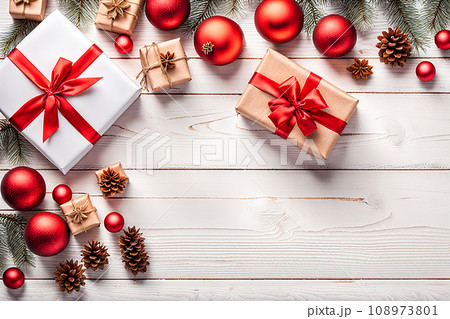Christmas gift box and christmas decoration on wood background. Bokeh light. 108973801
