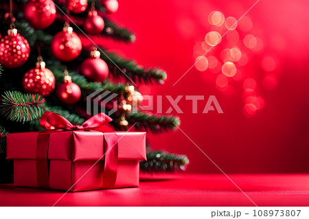 Christmas gift box and christmas decoration on wood background. Bokeh light. 108973807