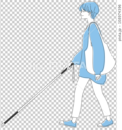 Illustration of a visually impaired woman with a white cane 108974396