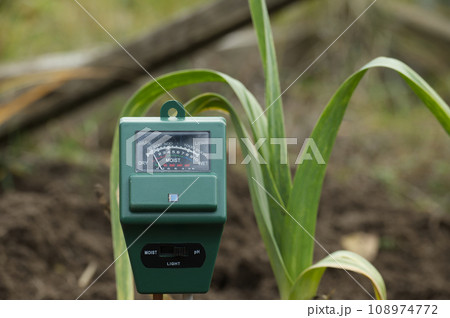 Soil moisture meter placed in garden, surrounded by plants 108974772