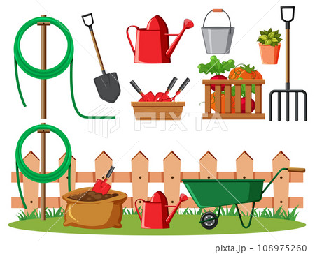 Colorful Set of Gardening Tools and Elements 108975260