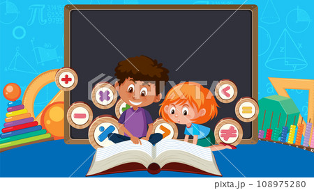 Math-themed Cartoon Characters Reading Book with Blackboard Banner 108975280