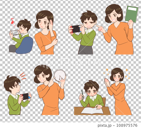 ゲームばかりしている子供を気にかけるお母さんのイラスト 108975576